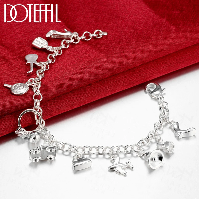 

DOTEFFIL 925 Sterling Silver Shoe Bell Airplane Lock Car Fish Ring Lollipop Guitar Bracelet Chain For Women Charm Jewelry