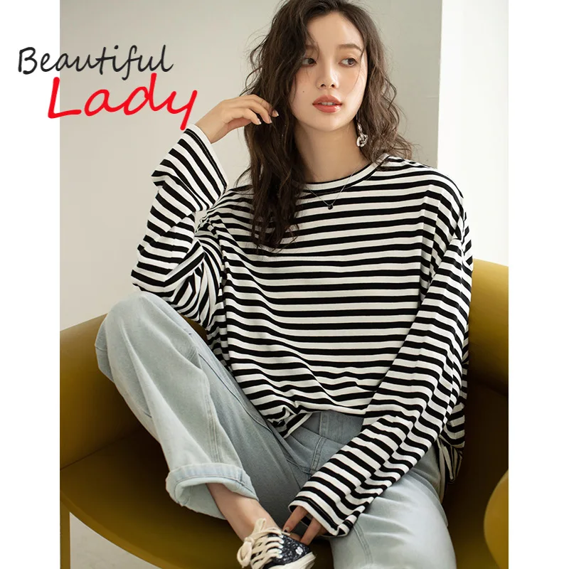 

Футболка женская в черно-белую полоску, базовый Повседневный Свободный Топ с круглым вырезом и длинным рукавом, универсальная рубашка, весн...