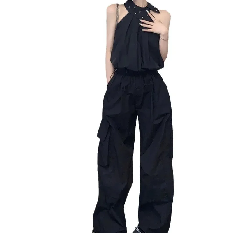 Лето 2024 крутой женский костюм черный топ с воротником хомутом и отворотами