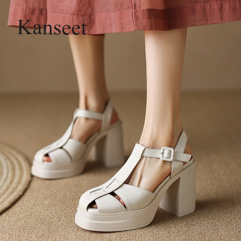 Kanseet Summer Women Sandals 2023 New Platform Genuine Leather Shoes Handmade Rome Style Thick High Heels Lady Footwear Black 40