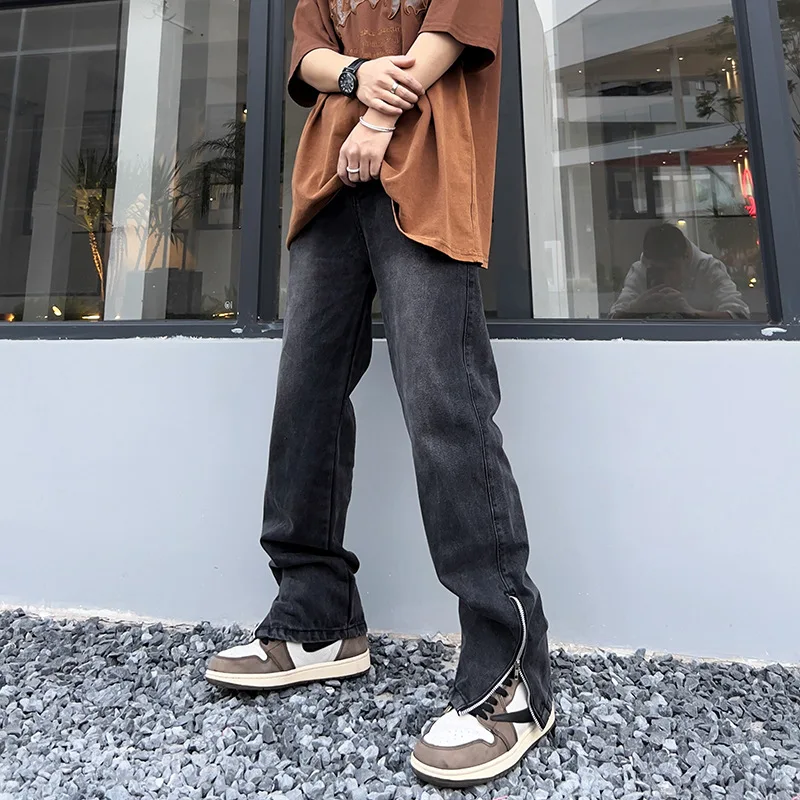

High Street Straight Trousers Men's Spring Fashion Brand INS Loose and Handsome Versatile Half Zipper Split Wide Leg Pants