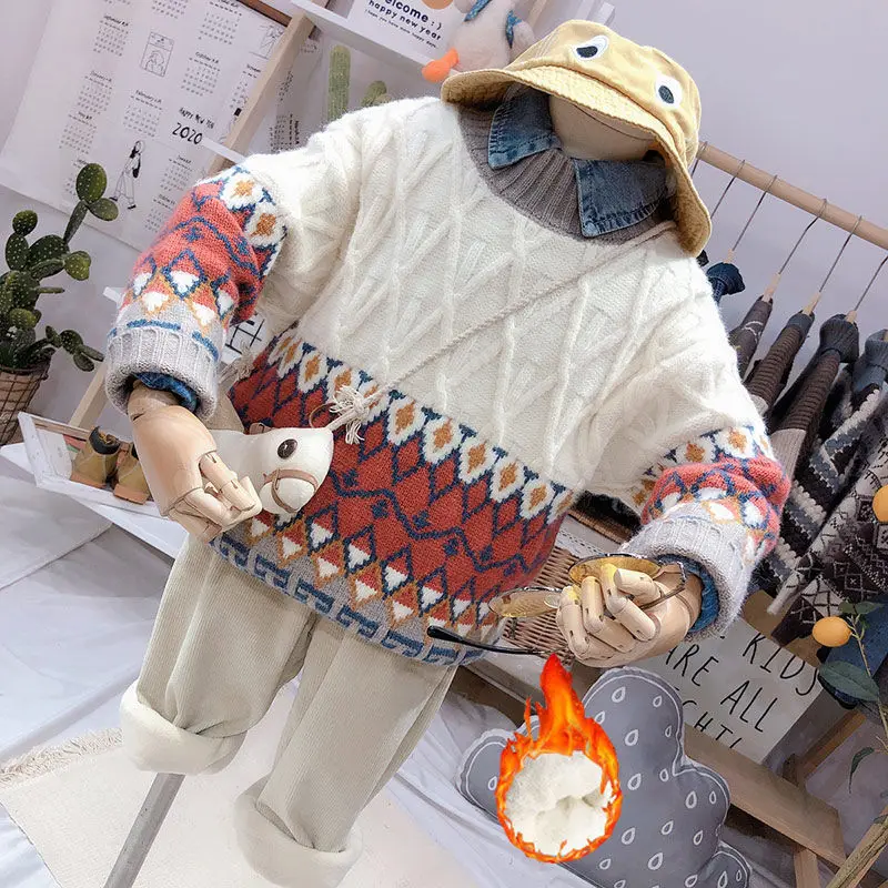 

Autumn Winter Baby Boys Toddler Printed Long Sleeve Sweaters Children Clothing Vintage Warm Knitting O-neck Tops Pullover Z04