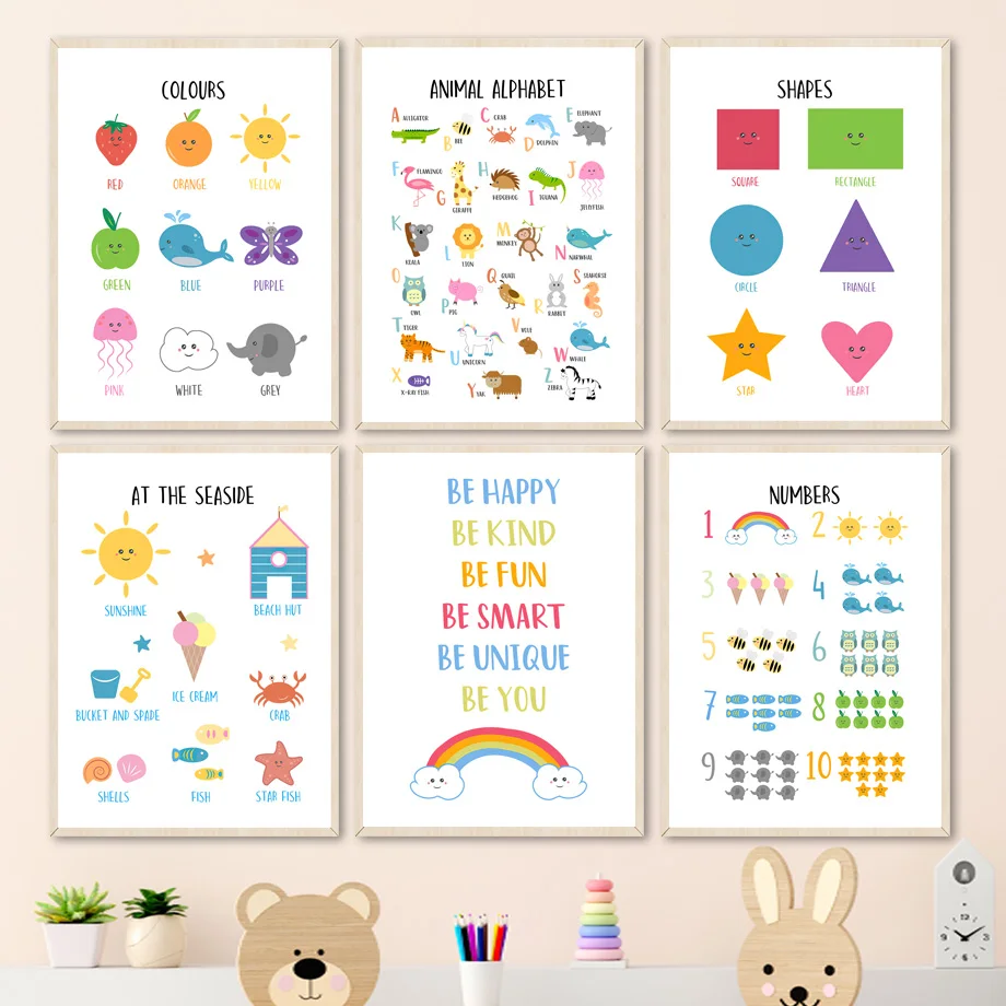 

Настенная картина с животными и алфавитом, Картина на холсте в скандинавском стиле, настенные картины с принтами, декор для детской комнаты