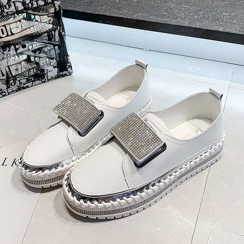 Luxurywoman Crystals Round Toe Flats Loafers Women 3cm Chunky Sole Platform Casual Female Shoes Big Szie 43