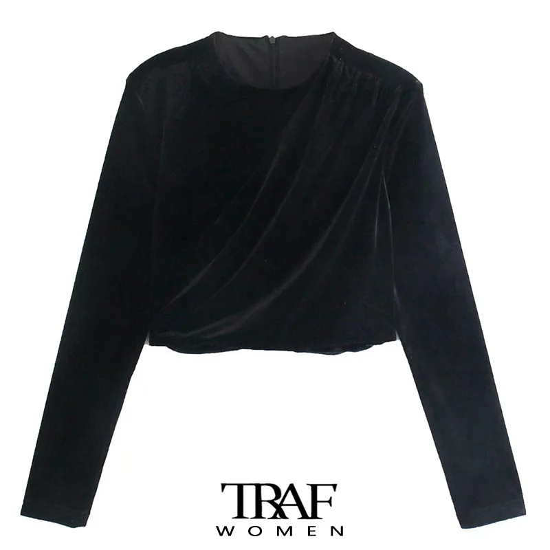 

Модные женские плиссированные бархатные блузки TRAF в винтажном стиле с длинным рукавом и молнией сзади, женские рубашки, шикарные топы