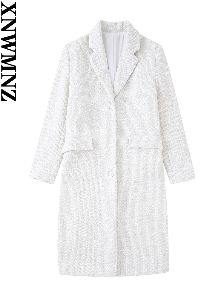 

XNWMNZ 2022 Women Fashion Blended Straight Trench Coat Vintage Long Sleeve Flap Pockets Female Outerwear Chic Overcoat