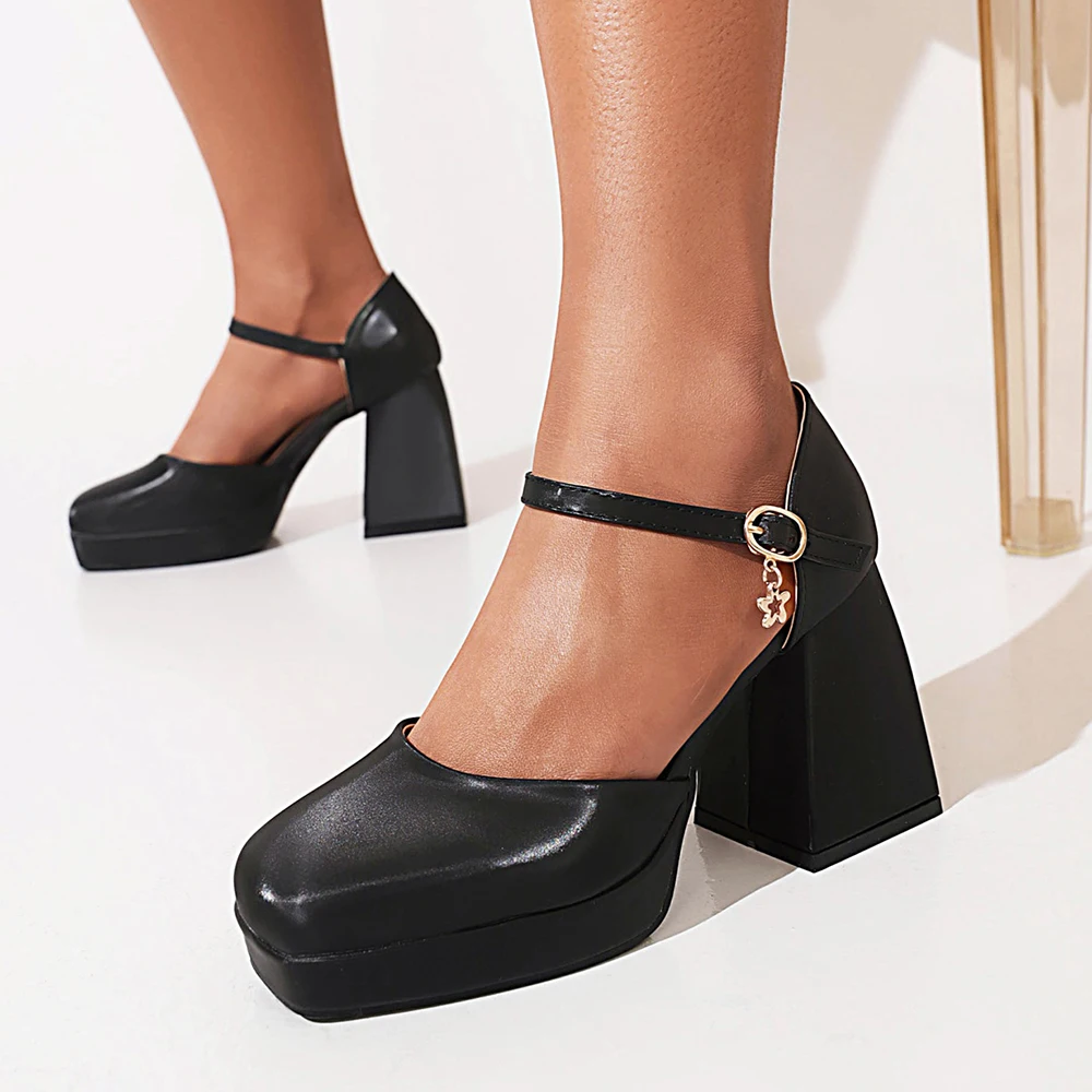 2023 Candy colors Platform Pumps Women Pu Leather Square Toe Mary Jane Shoes Woman Goth Thick High Heels Shoes Ladies