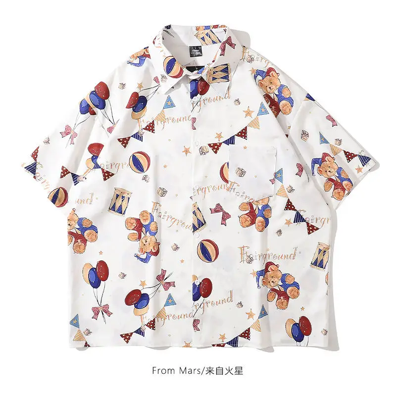

Little Bear Night American Vintage Full Printed Shirt Men's Fashion Brand Loose BF Shirt Top Men
