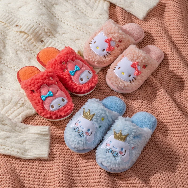 

Kawaii Anime Mymelody Cinnamoroll Kuromi Hellokittys Plush Children's Cotton Slippers Cute Sanrioed Winter Warm Home Shoes Gift