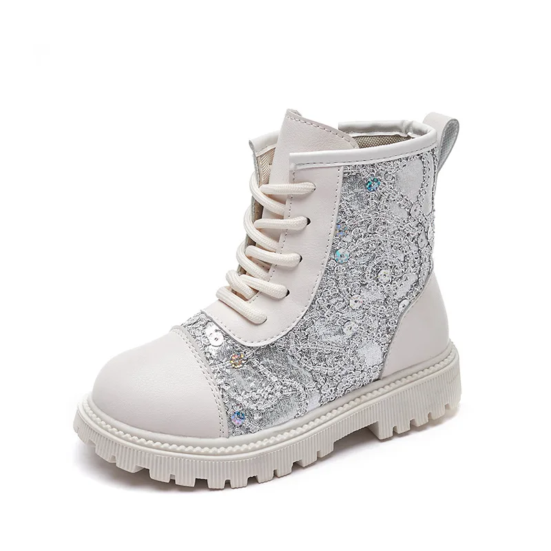 

Bling Short Boots for Girls Round Toe Sequin Cloth Side Zipper Outdoors Shoes Thick Bottom Chunky Heel Kid Princess Boots F06182