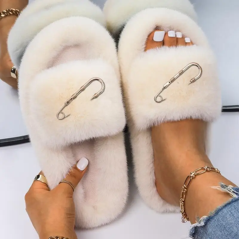 Home Winter Indoor Slippers Fluffy Slides Warm Shoes Faux Fur Slippers Plush Footwear Pin Clip Decor Flip Flops Home Shoes