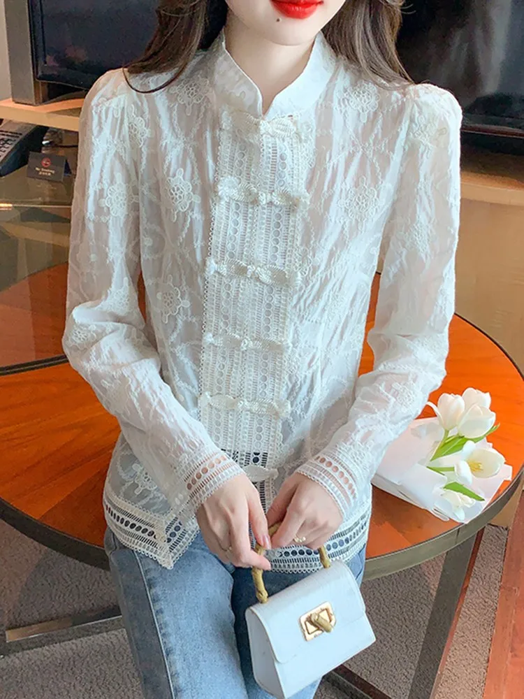 Рубашка женская с длинным рукавом винтажный элегантный топ в китайском стиле