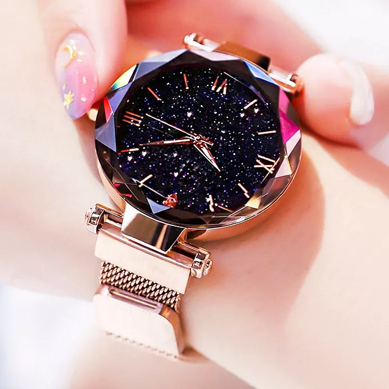 

Часы женские кварцевые с магнитной пряжкой, модные наручные, с сетчатым браслетом со стразами, с изображением звездного неба