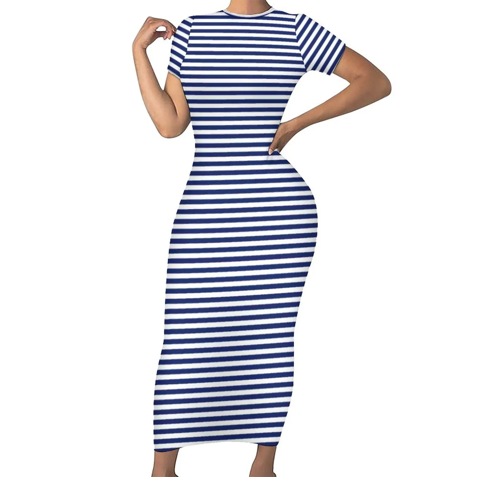 

Nautical Design Dress Short Sleeve Blue and White Stripes Modern Maxi Dresses Summer Street Fashion Design Bodycon Dress 4XL 5XL