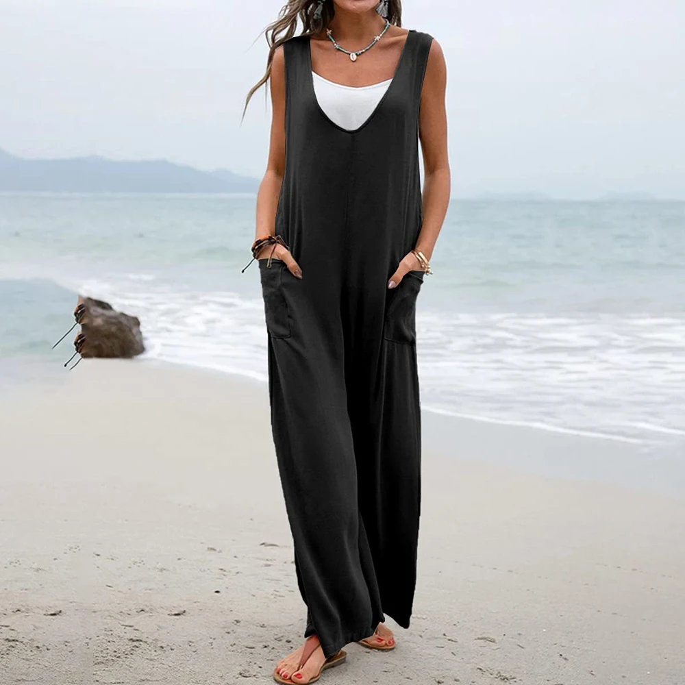 

Lady Loose jumpsuits Women Oversized Black Pant Playsuit Straight Wide Leg Long Trousers Sleeveless Deep Crotch Summer Jumpsuit