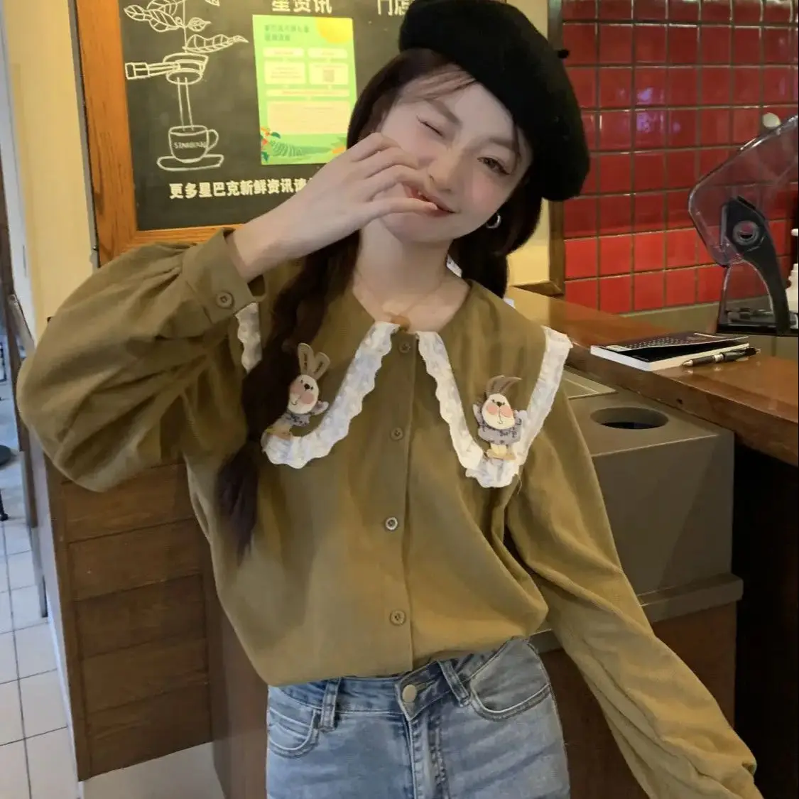 Рубашка с длинными рукавами и кукольным воротником женская рубашка в корейском
