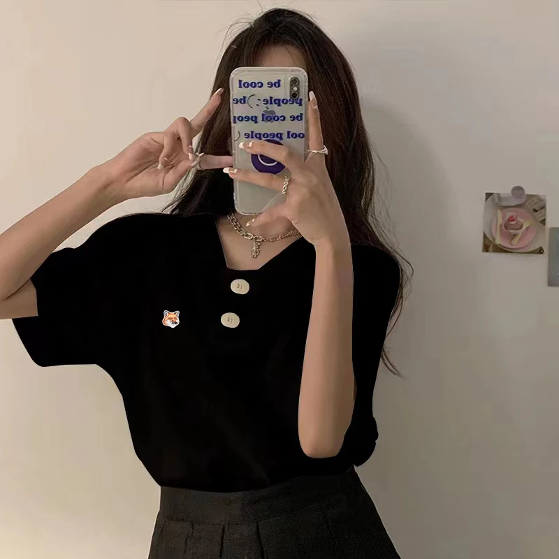 

Women's Luxury POLO Shirt Fox Mascot Embroidered Logo Lapel Appliques Black White Short Sleeve Shirt