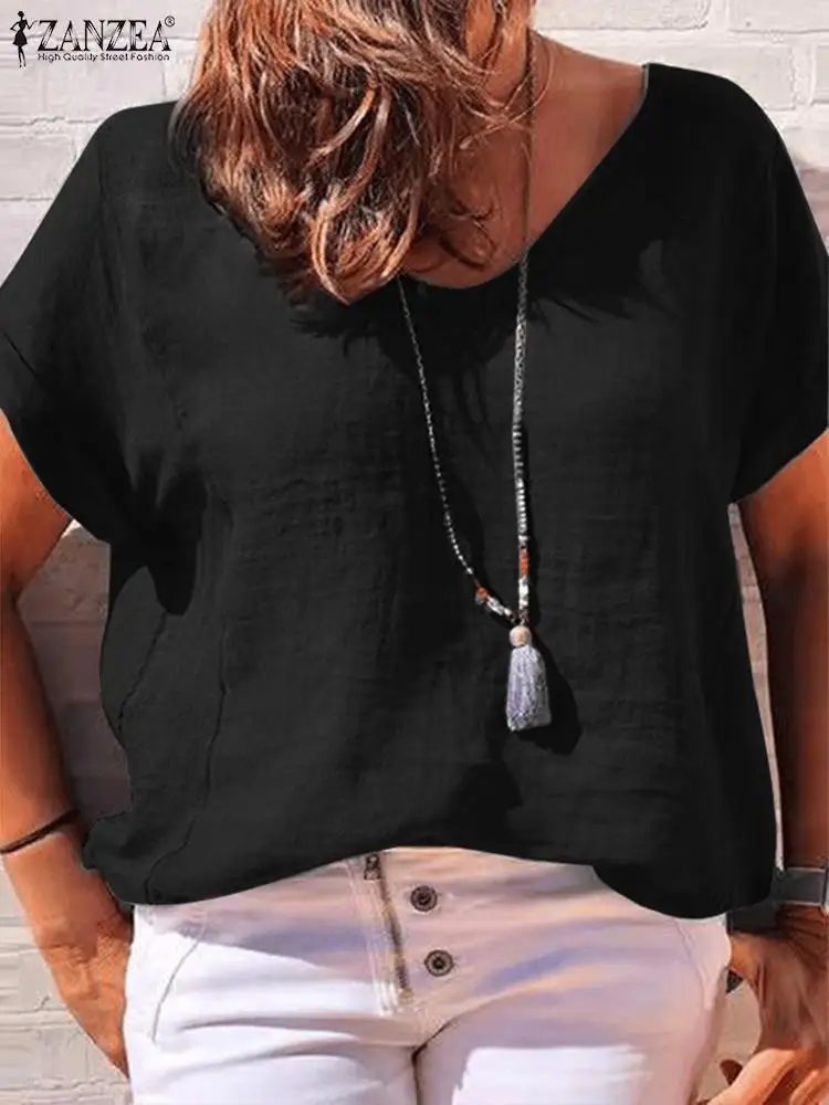 

ZANZEA Summer Fashion Holiday Tops Short Sleeve Women's Blouse Elegant Solid Color Cotton Shirt Female O-Neck Casual Blouses