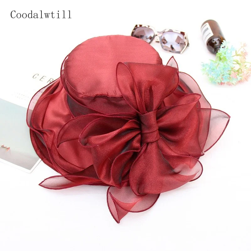 

New Summer Hat Organza Brim Wide Sun Hat Women Wedding Bow Wedding Fedora Cap Beach Travel Elegant Fascinator For Wedding Party