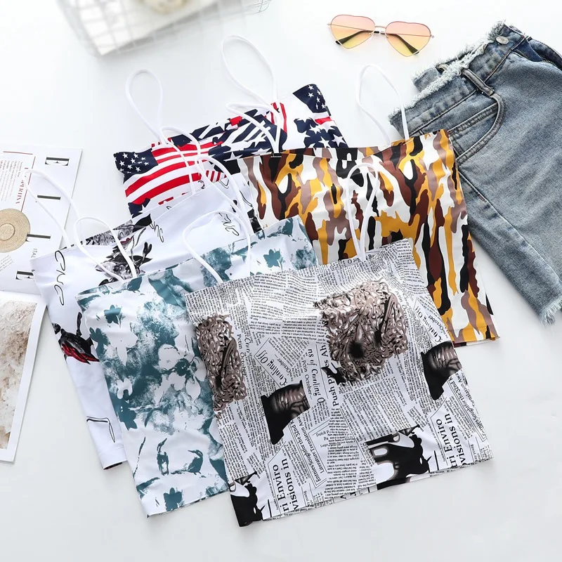 

Summer Print Ice Wire Sexy Tube Top For Women Sleeveless Bra Pad Underwear Wrap Chest Crop Top Camisole