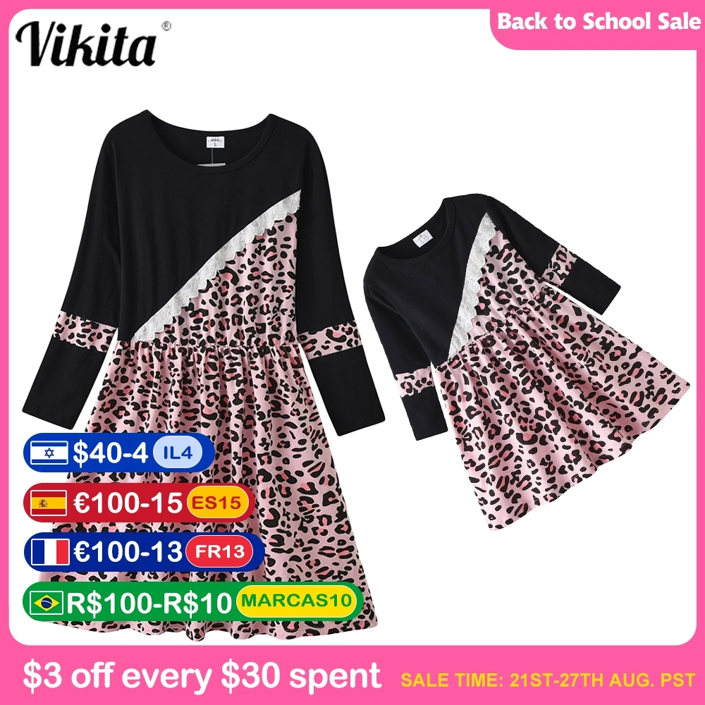 

VIKITA Family Matching Long Sleeve Dresses for Autumn and Spring Mother and Kids Leopard Print Lace Embroidery Casual Dress