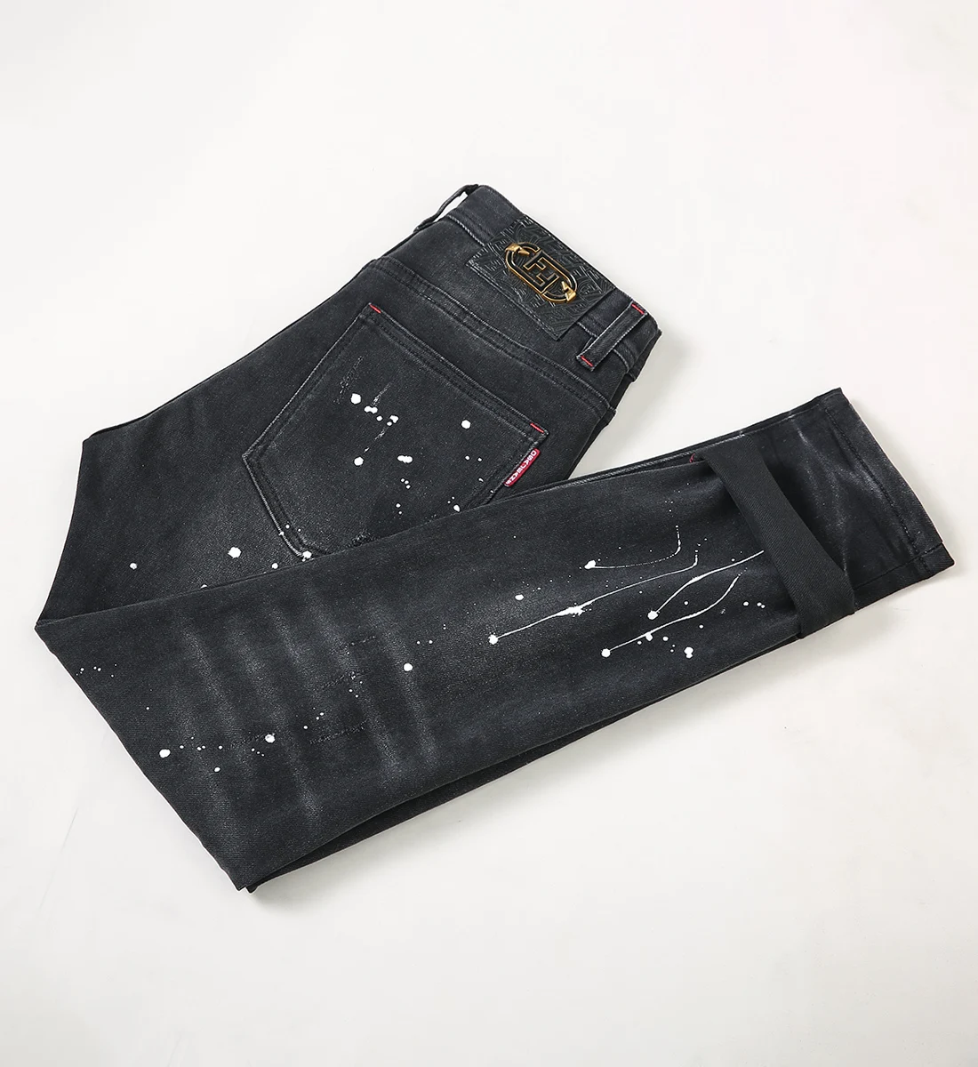 High Street Fashion Men Jeans Retro Black Gray Stretch Painted Skinny Ripped Jeans Men Patched Designer Hip Hop Pants Hombre