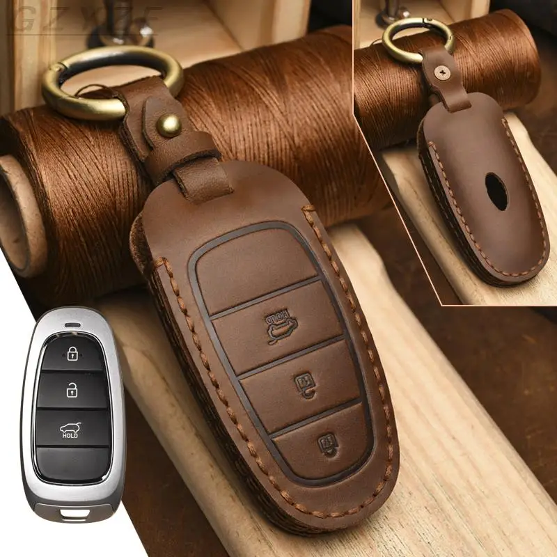

Real Leather 3 Button Remote Car Key Cover Shell for Hyundai Tucson Sonata Auto Accessories Protection Keychain Car Key Case
