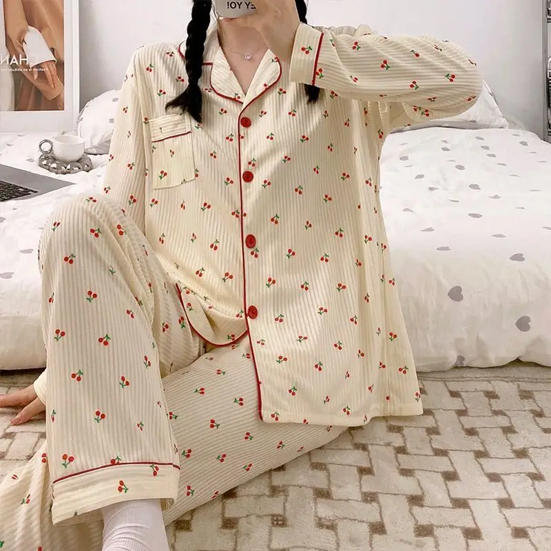 Yasuk Spring Autumn Fashion Women's Casual Soft Milk Silk Sleepwear Homewear Pajamas Set With Pants Dot Print Cherry Cute Girl