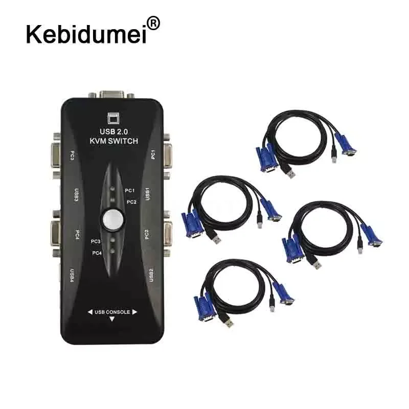 

USB 2.0 KVM 4 Port Switch VGA SVGA Switcher Hub Splitter Box Selector Adapter + 4 Cable for Control Multiple PC Desktop Monitor