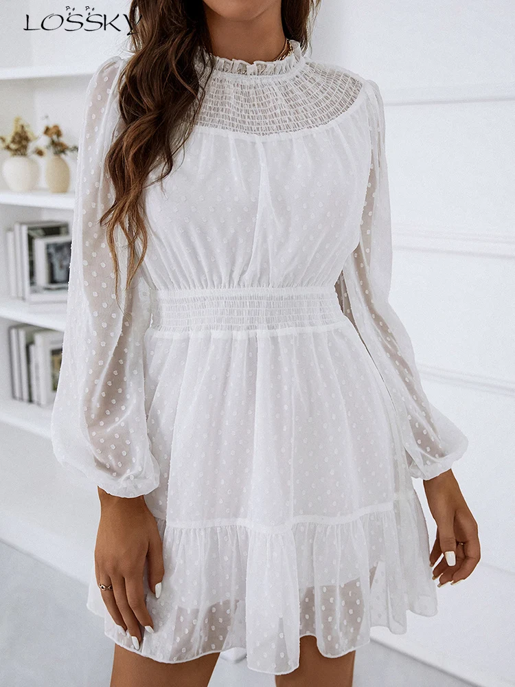 

Elegant Lace Short Dress Women Casual White Puff Sleeve Ruffle Dress Fashion Solid Spring Autumn A-line Dresses 2022 New