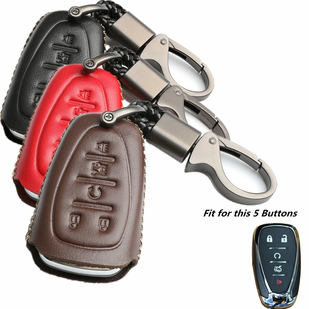 

WFMJ Leather for Chevrolet Malibu Camaro Trax Traverse Sonic Cruze Volt Equinox Spark 5 Buttons Key Fob Case Cover Chain