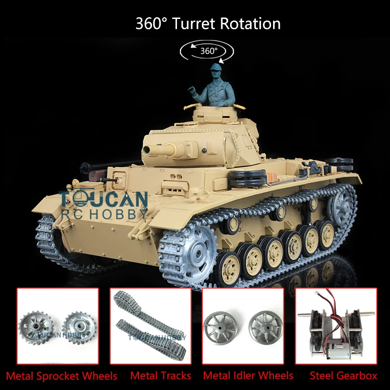 

1/16 Scale HENG LONG 7.0 Upgraded Panzer III H RC Tank 3849 W/ 360 Turret Metal Idler Gearbox Smoke Effect BB Shoot Toucan Car