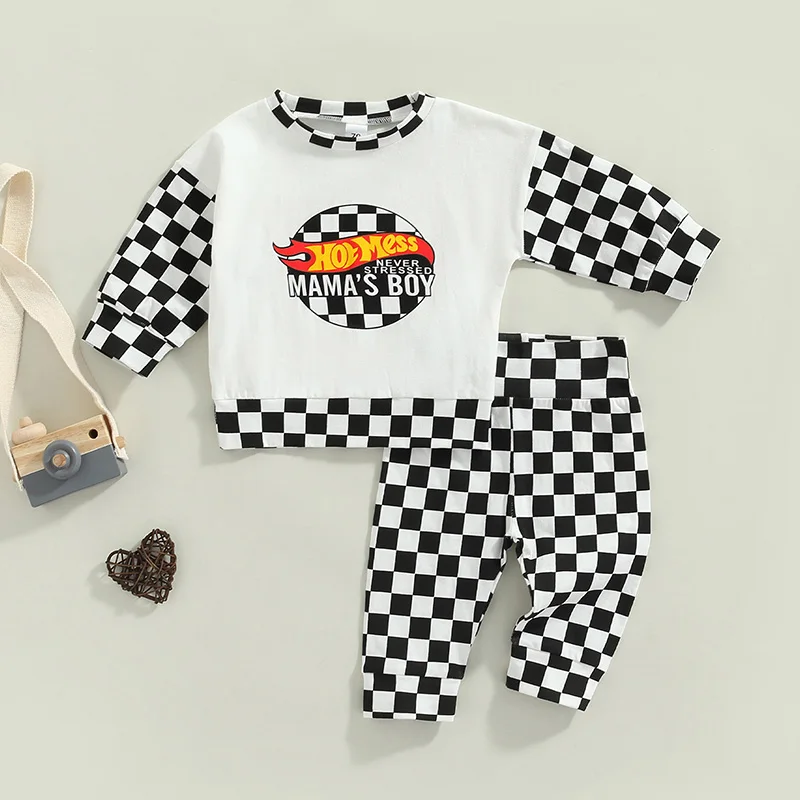 

2pcs Autumn Casual Baby Clothes Sets 0-24M Plaid Patchwork Long Sleeve Letter Sweatshirt Tops Pants Boys Girls Halloween