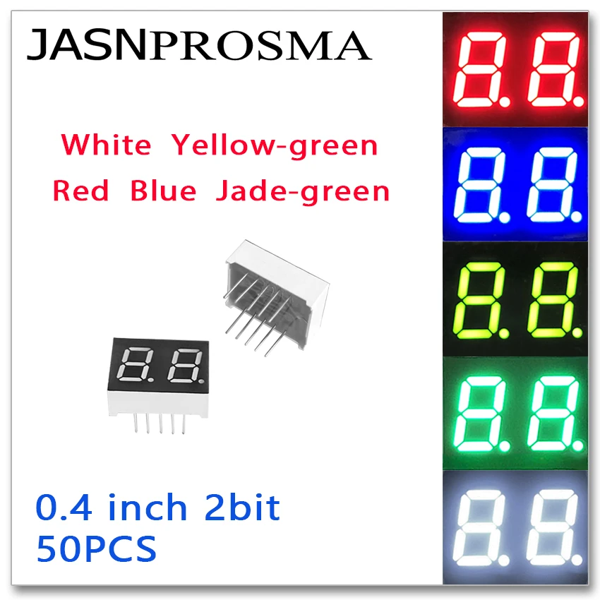 

JASNPROSMA 50PCS 0.4 inch 2 bit digit Tube red blue white jade yellow green Common Cathode Anode LED Display 0.4inch 7 Segment