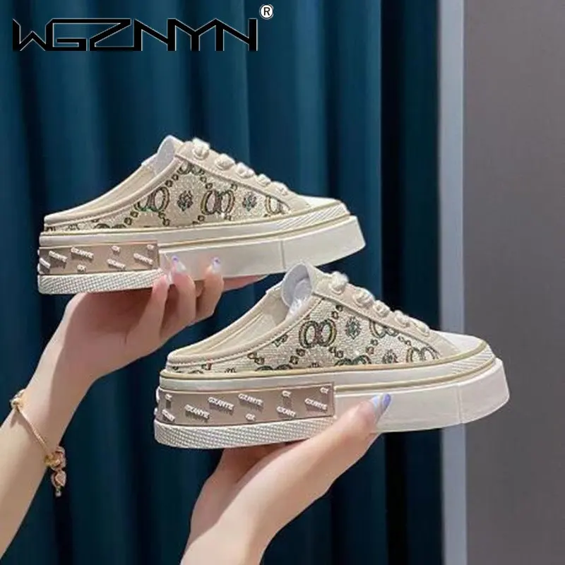 

Women's Slippers Spring Summer Fashion Female Baotou Half Slipper Wear Youth Girls New Style Muffin Lace-Up Casual Canvas Slides