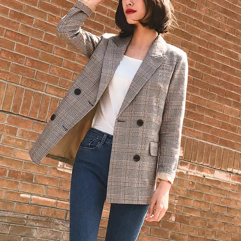 

Vintage Notched Bouble Breasted Plaid Women Blazer Thicken Autumn Winter Jackets Female Retro Suits Coat 2018 Work high quality