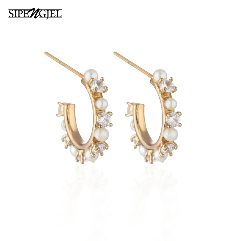 

SIPENGJEL Fashion Gold Silver Color Circle Pearl Earrings For Women Simple Geometric Round Stud Earrings Party Jewelry