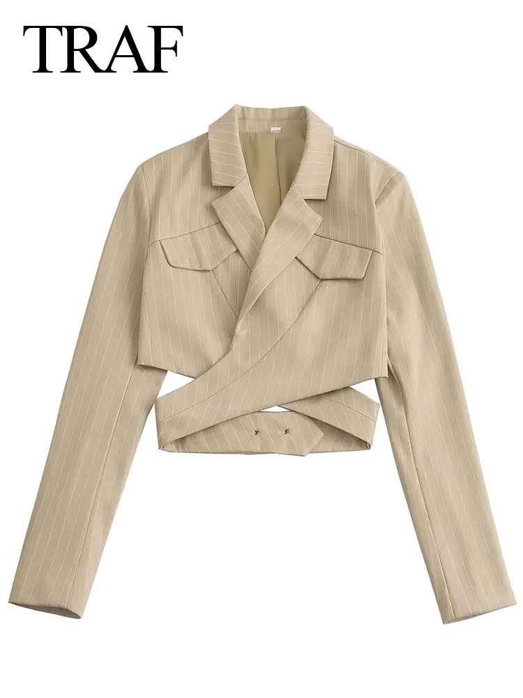 

TRAF New Casual Cross Collar Short Women's Top Solid Color Fashion Trend Elegant Show Waist Long Sleeve Lady Short Jacket