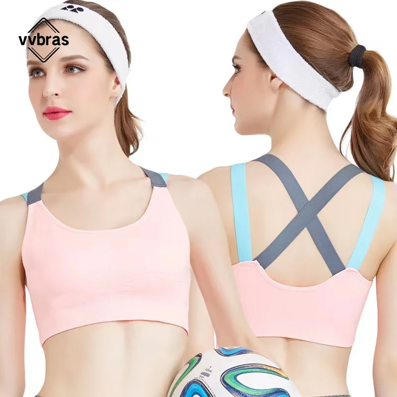 

Новый Бесшовный красивый спортивный бюстгальтер без стального кольца с перекрестными вставками, жилет, профессиональные противоударные ж...