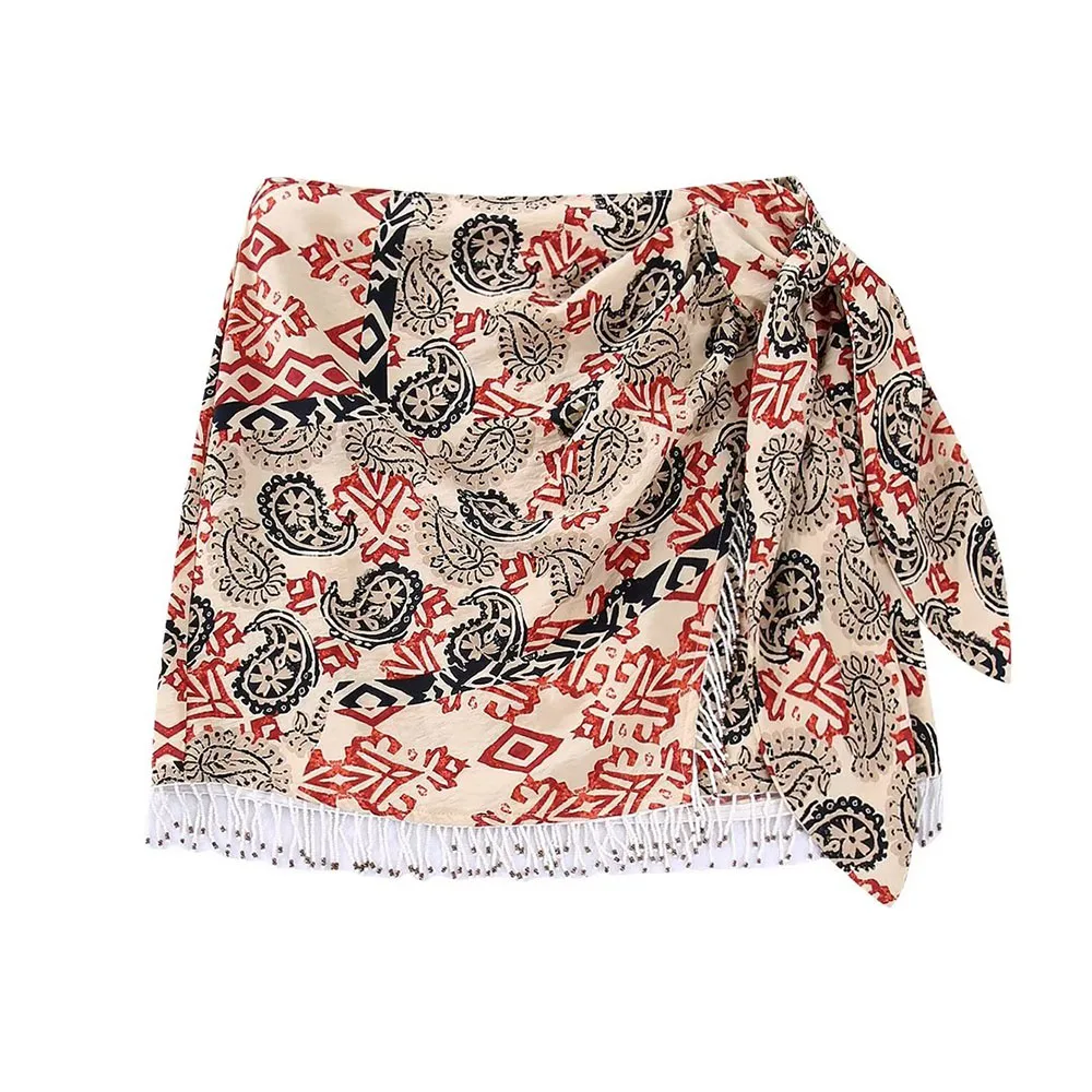 

Skirts Woman Fashion 2022 New In Sexy Mini Skirt Woman Clothes Vintage High-Waisted A Line Skirt Print Beading