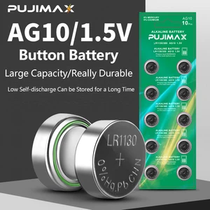 PUJIMAX 10Pcs LR1130 1.5V Button Cell Coin 189 AG10 V10GA SR1130W SR1130 389 LR54 SR54 Watch Calculator Alkaline Battery Cheap
