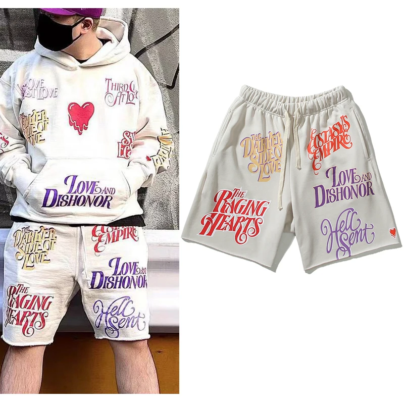 

EU Love Retro Full Print Foam Drawstring Casual Summer Shorts Mens and Womens Loose Streetwear Oversized Five Point Pants