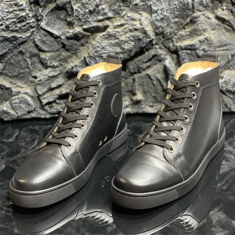

Luxury Brand High Top Black Real Leather Red Bottoms Tennis Shoes For Men's Casual Flats Loafers Women's Wedding Couple Sneakers