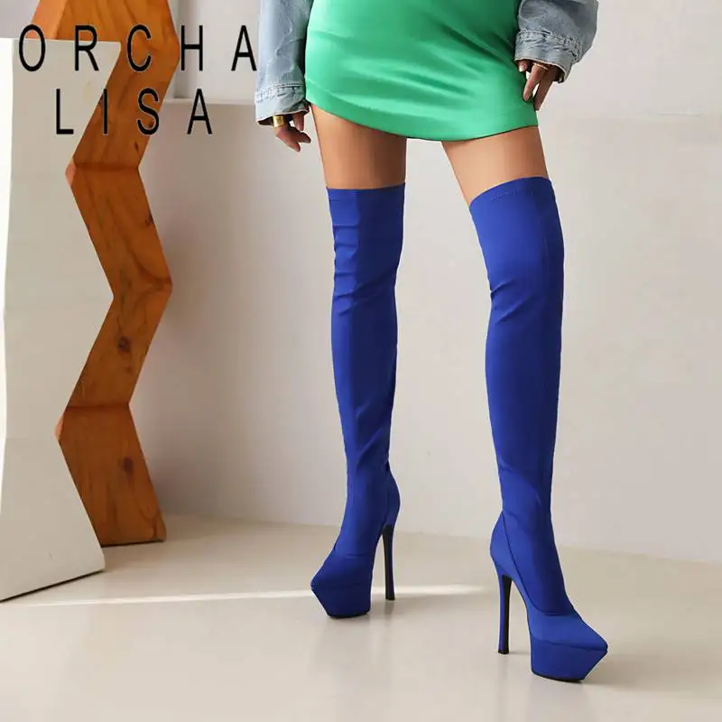 

ORCHA LISA Stretchy Satin Thigh Boots 53cm Pointed Toe Thin High Heel 14cm Slip On Plus Size 43 Sexy Party Booty Ladies S4294