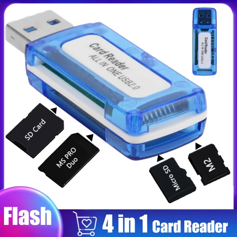 4 in 1 Mini USB2.0 4 Card Slots Smart Card Reader Flash USB Memory Card Reader for Micro SD TF M2 Computer PC Laptop Accessories