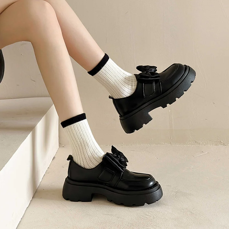 

New Women's Single Shoes 2023 Spring Round Toe Butterfly Knot Platform Shoes for Women Fashion Lolita Ladies Mary Janes Shoes
