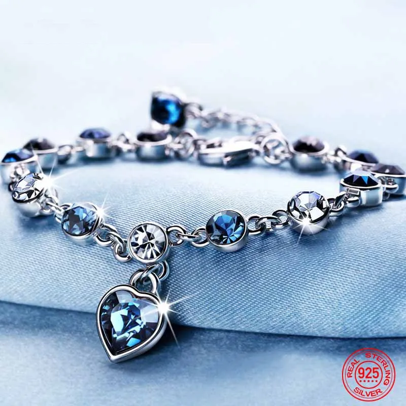 

925 Sterling Silver Charm Sapphire Heart Bracelet Chain For Women Fashion Engagement Party Jewelry Gift