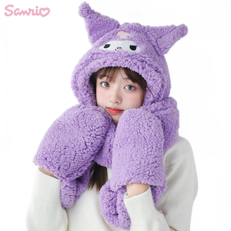 

Kawaii Sanrio Kuromi My Melody Pachacco Cinnamoroll Scarf Hat Gloves 3 in 1 Set Winter Women's Coldproof Warm Beanie Girl Gift