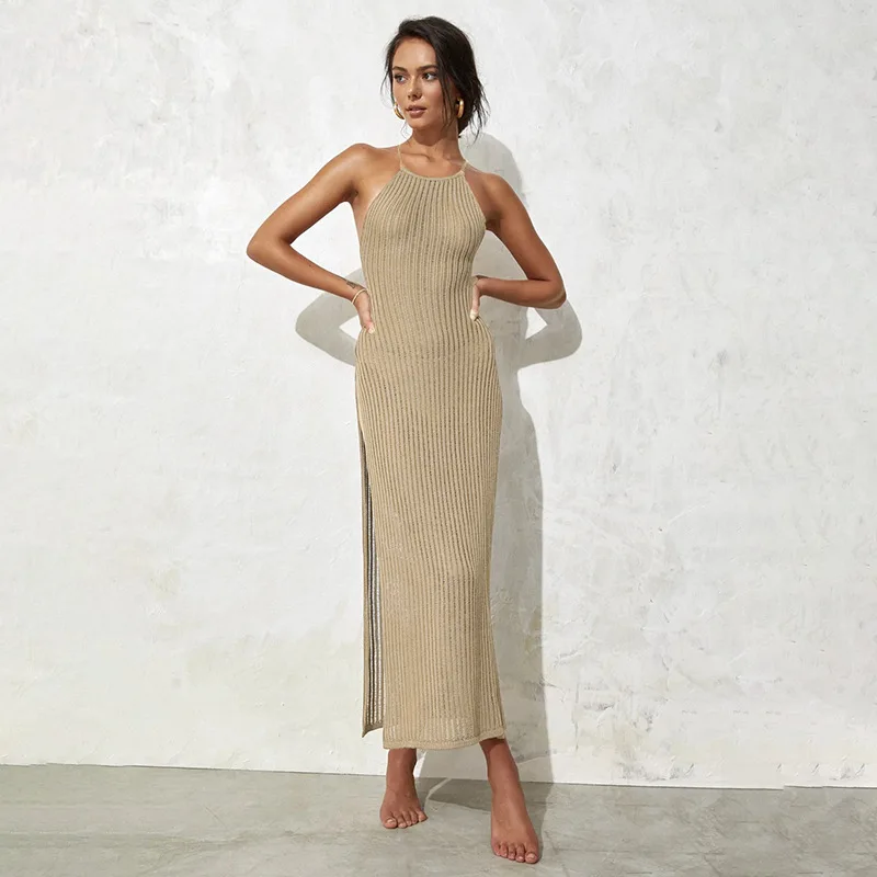 

Женское Элегантное трикотажное платье с лямкой на шее, модное повседневное пикантное свободное богемное платье без рукавов с высокой талией и разрезом, уличная одежда