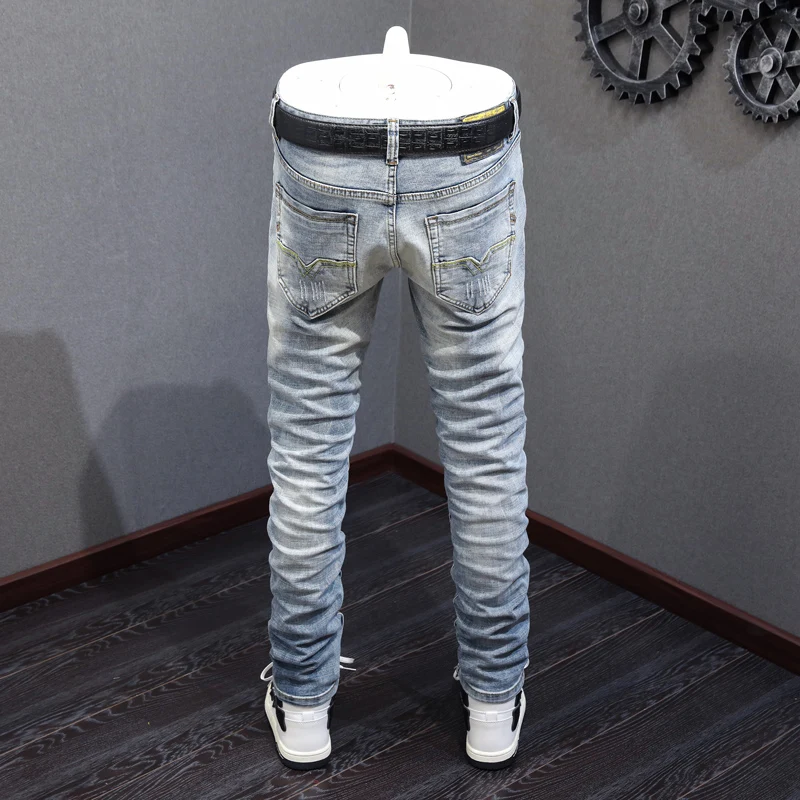 Street Fashion Men Jeans High Quality Retro Light Blue Elastic Stretch Slim Fit Ripped Jeans Men Patched Designer Vintage Pants